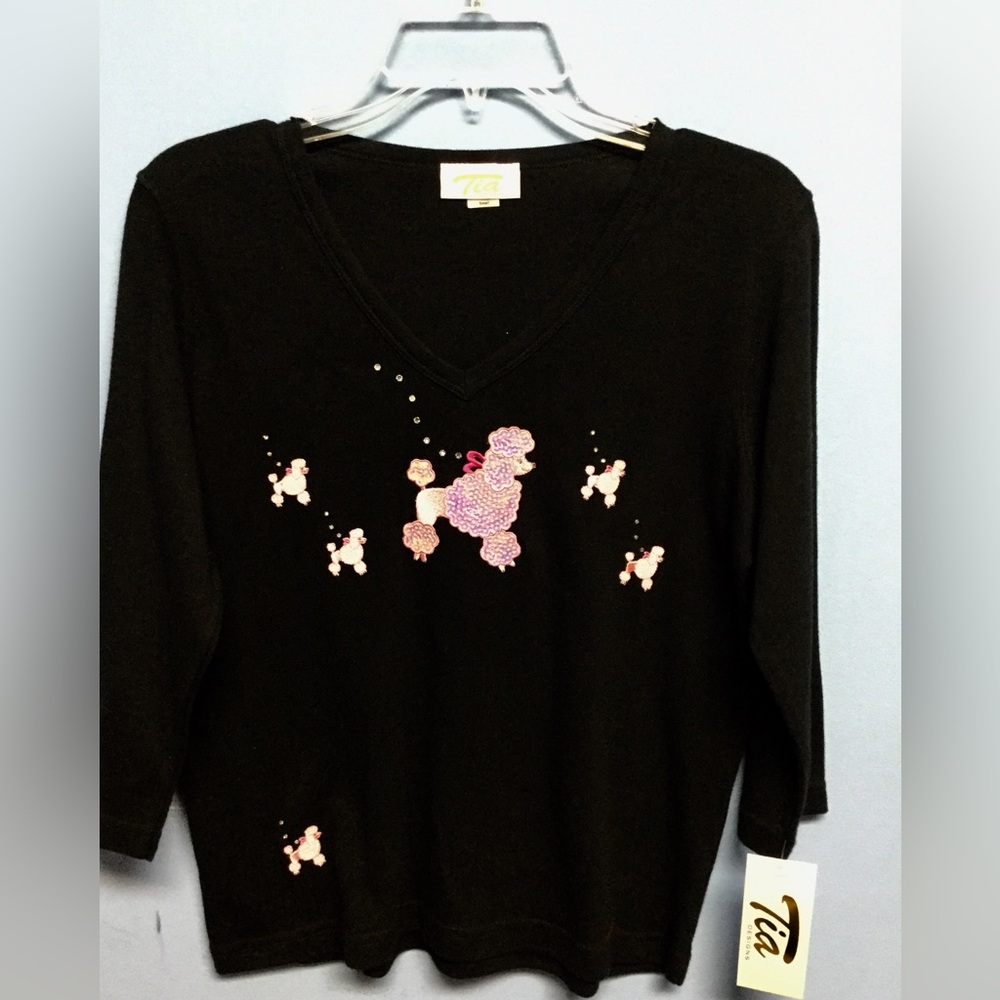 NWT black v-neck cotton shirt pink sequin poodle plus size